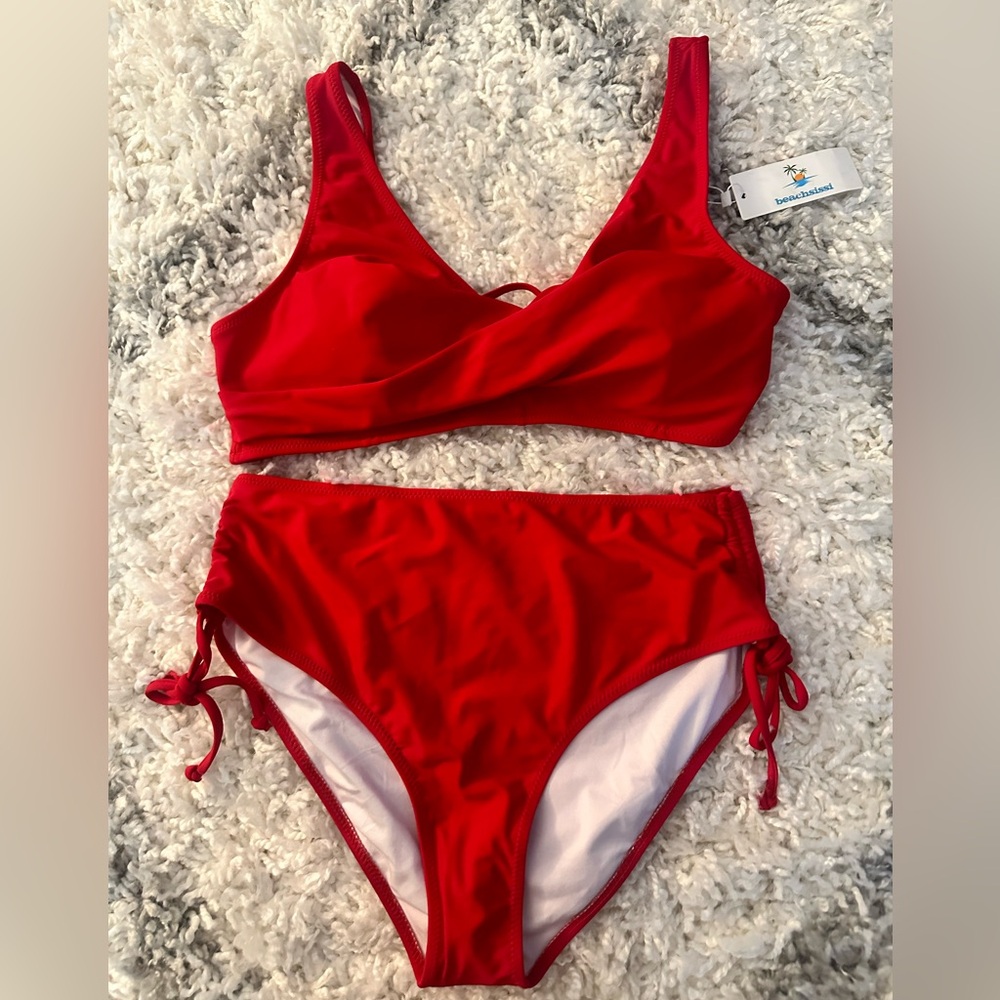 NEW- Beachsissi size Large, highwaist criss cross drawstring bikini in red.